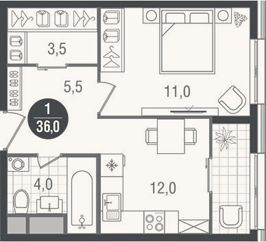 Планировка: 1-к, 36 м²
