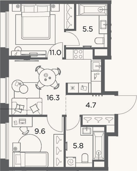 Планировка: 2-к, 52,9 м²