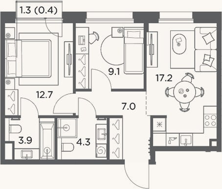 Планировка: 2-к, 54,2 м²