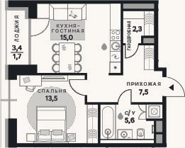 Планировка: 1-к, 43,9 м²