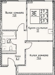 Планировка: 3-к, 57,7 м²