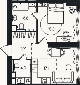 Планировка: 2-к, 49,1 м²