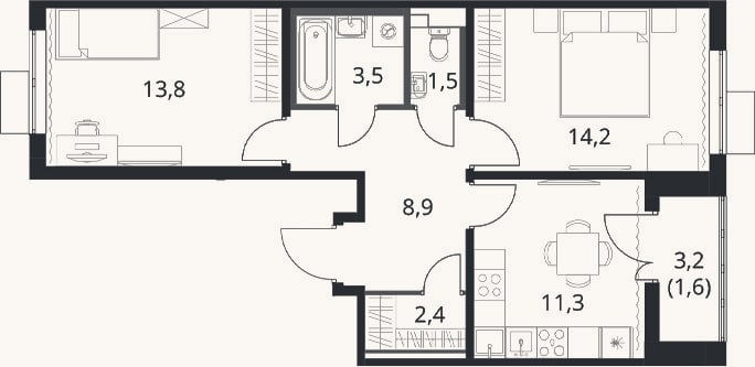 Планировка: 2-к, 55,6 м²