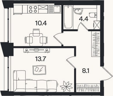 Планировка: 1-к, 36,6 м²