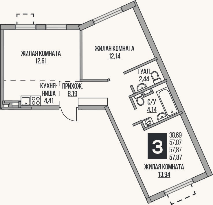Планировка: 3-к, 57,9 м²