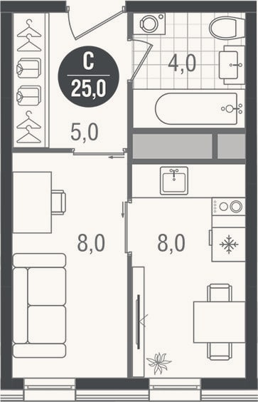 Планировка: Студия, 25 м²