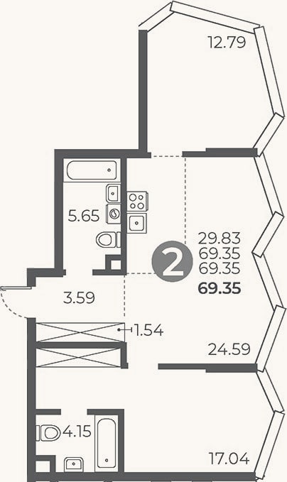 Планировка: 2-к, 69,4 м²