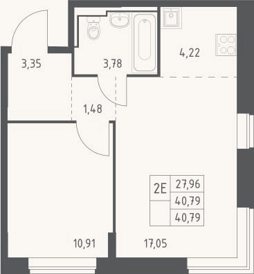 Планировка: 2-к, 40,8 м²