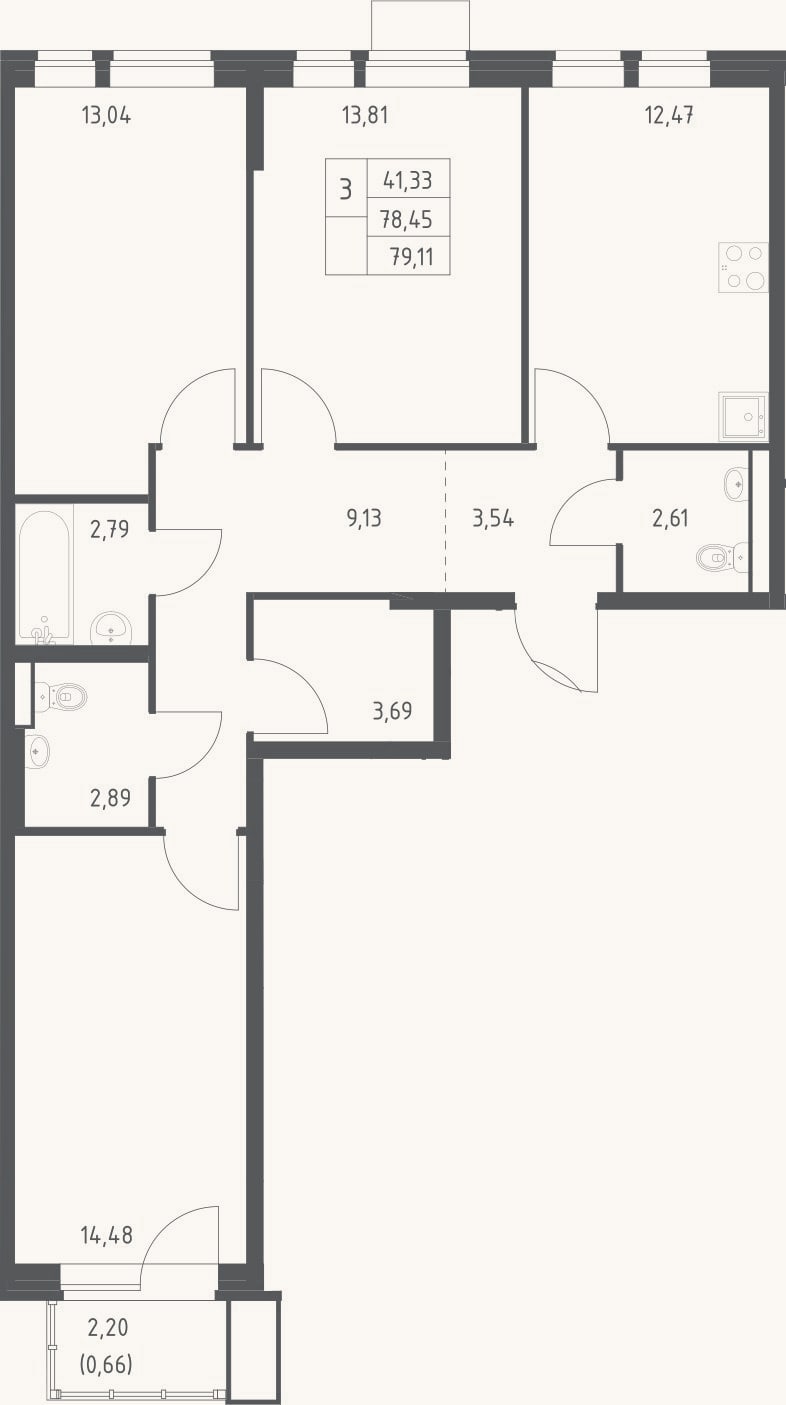 Планировка: 3-к, 78,5 м²