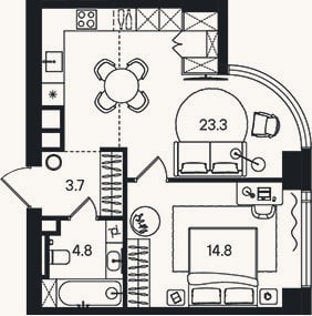 Планировка: 2-к, 46,6 м²