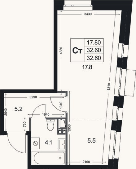 Планировка: Студия, 32,6 м²