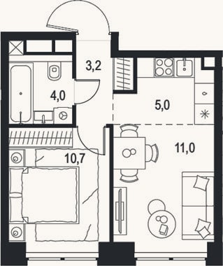 Планировка: 2-к, 33,9 м²