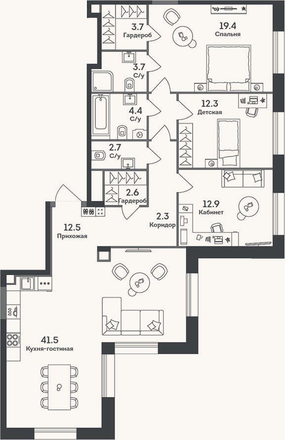 Планировка: 4+ к, 118 м²