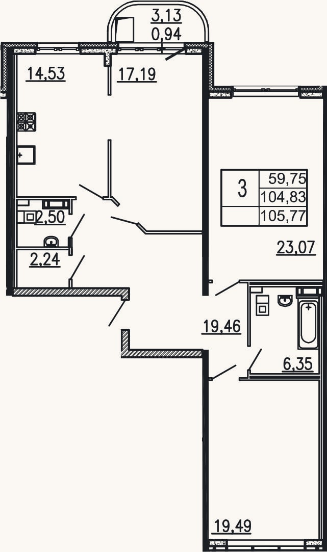 Планировка: 3-к, 104,8 м²