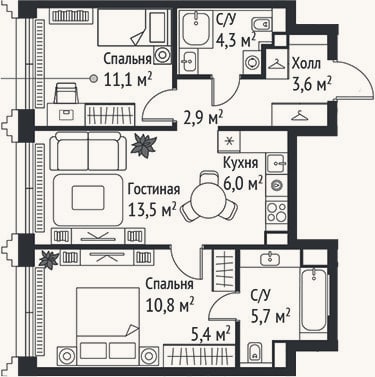 Планировка: 3-к, 63,3 м²