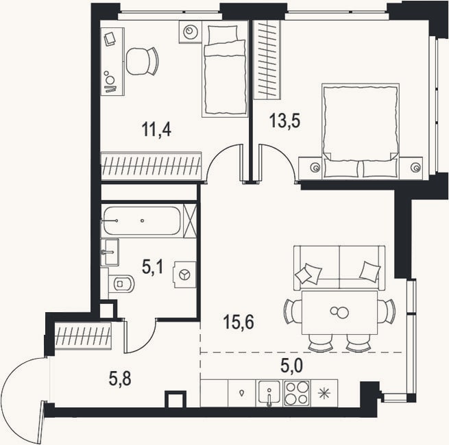 Планировка: 3-к, 56,4 м²