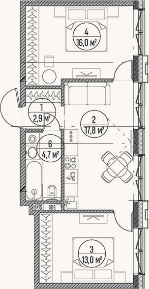 Планировка: 3-к, 54,4 м²