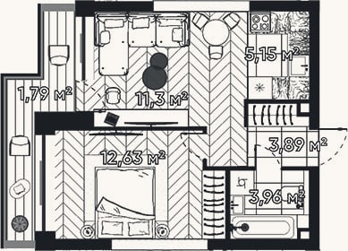 Планировка: 2-к, 36,9 м²