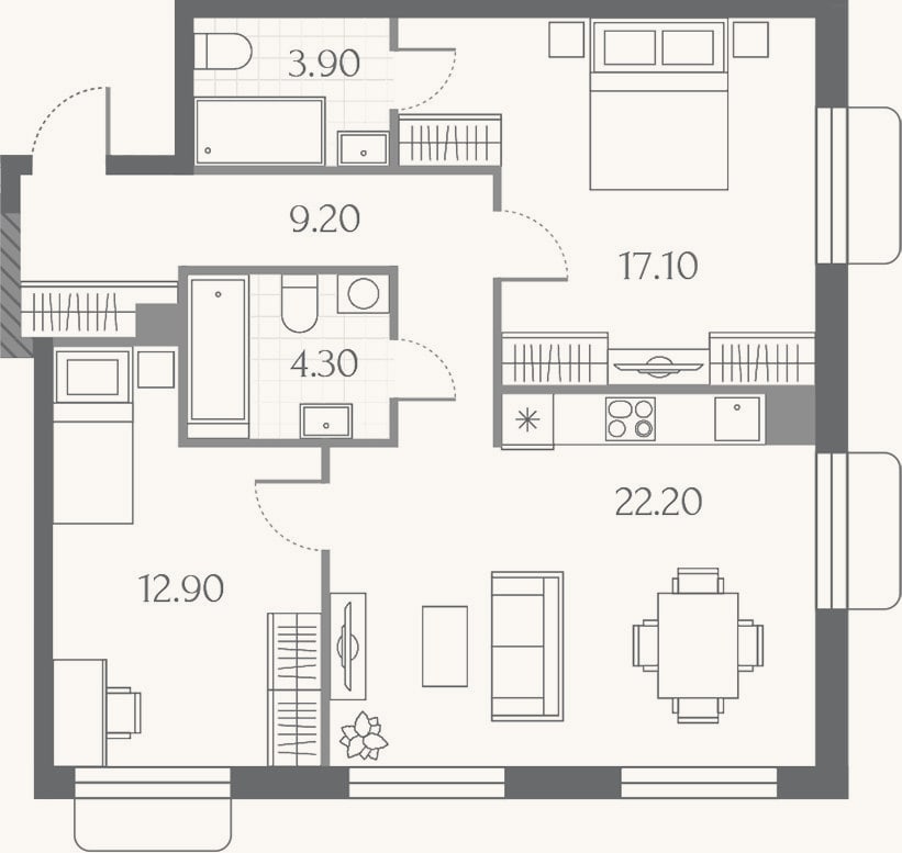Планировка: 3-к, 69,6 м²