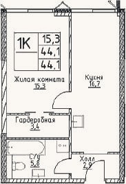 Планировка: 1-к, 44,1 м²
