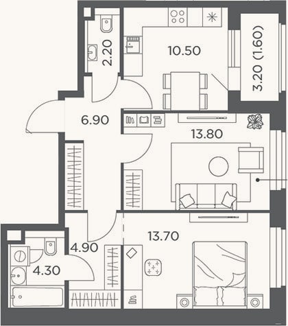Планировка: 2-к, 56,3 м²