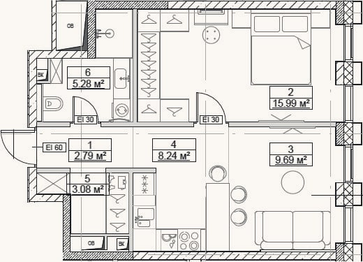Планировка: 2-к, 45,1 м²