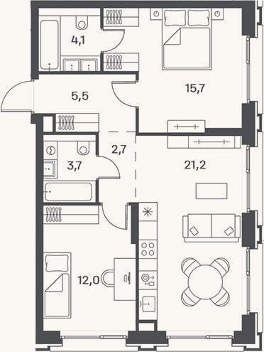 Планировка: 3-к, 64,9 м²