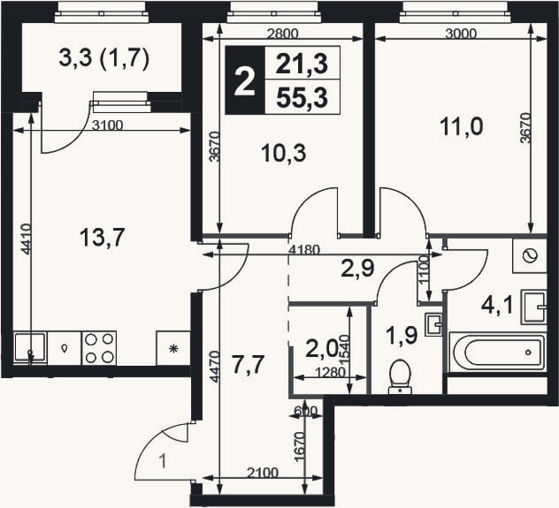 Планировка: 2-к, 53,6 м²
