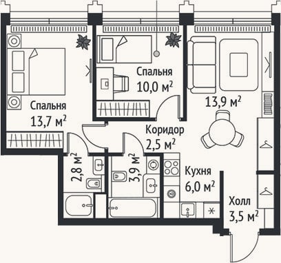 Планировка: 3-к, 56,3 м²