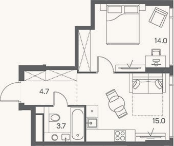 Планировка: 2-к, 37,4 м²