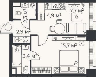 Планировка: 2-к, 36,8 м²