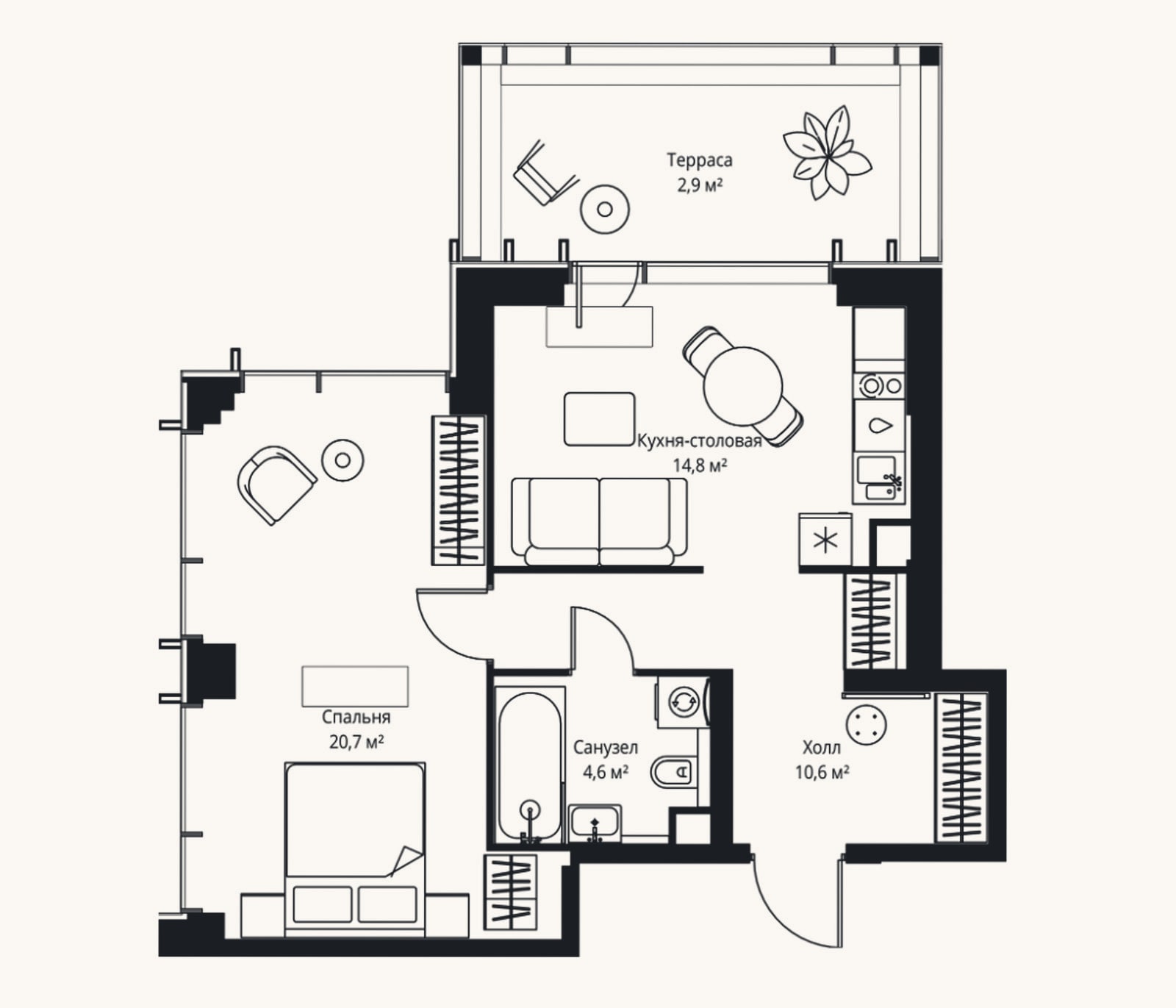 Планировка: 2-к, 50,7 м²