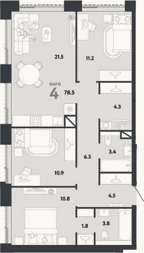 Планировка: 4+ к, 78,5 м²