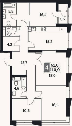 Планировка: 4+ к, 108,8 м²
