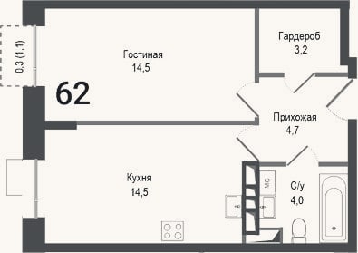 Планировка: 1-к, 40,9 м²