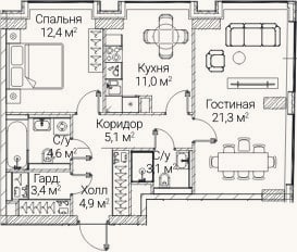 Планировка: 2-к, 65,6 м²