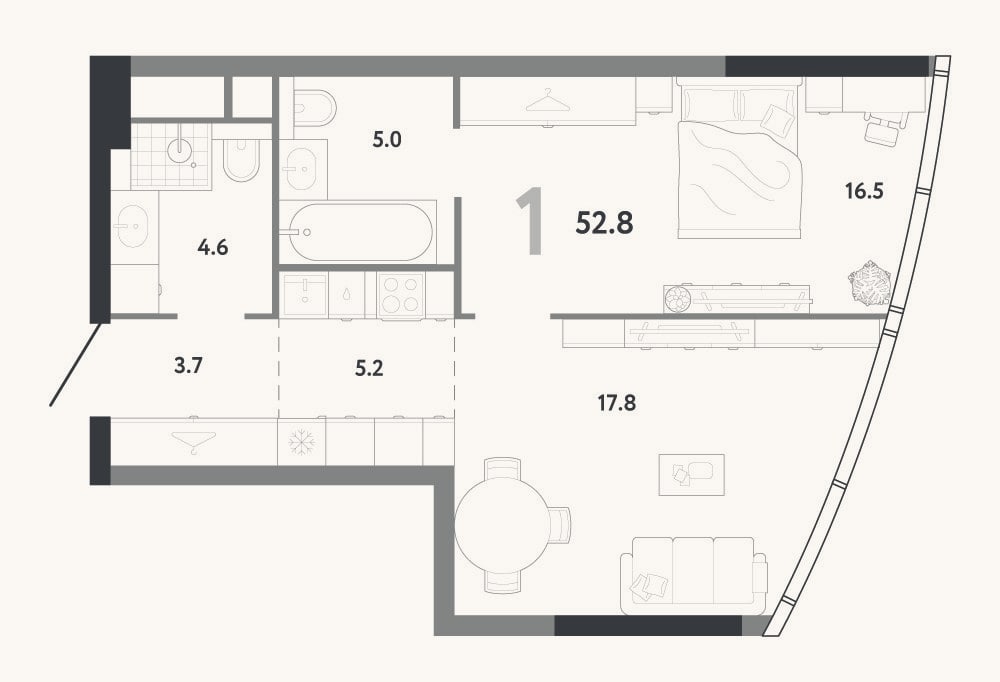 Планировка: 1-к, 52,8 м²