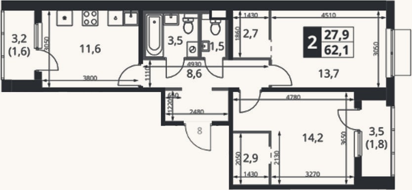 Планировка: 2-к, 59,6 м²