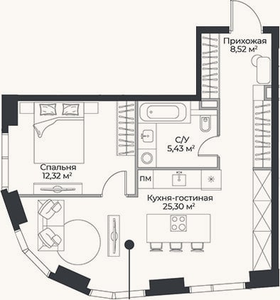 Планировка: 2-к, 51,6 м²