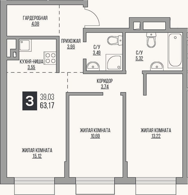 Планировка: 3-к, 63,2 м²