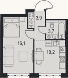 Планировка: 1-к, 33,9 м²