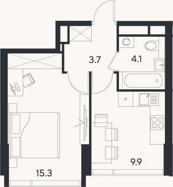Планировка: 1-к, 33 м²