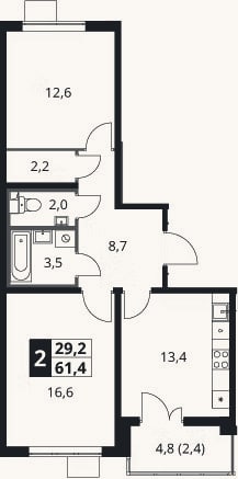 Планировка: 2-к, 59 м²