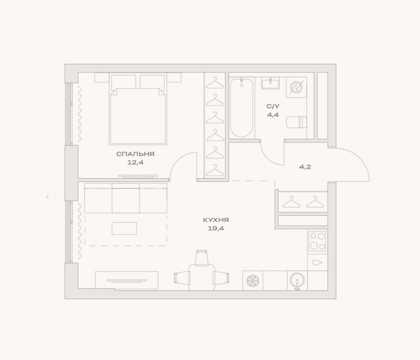 Планировка: 2-к, 40,4 м²