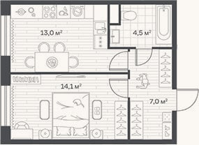 Планировка: 1-к, 38,6 м²