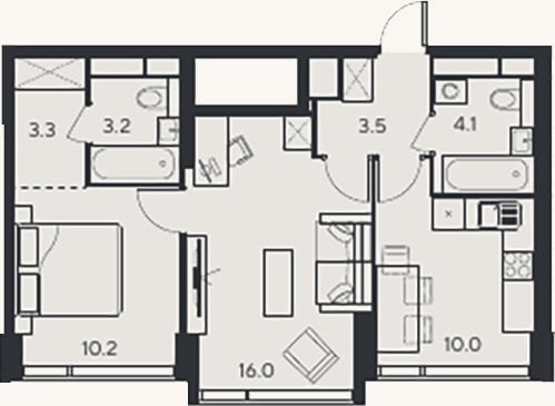 Планировка: 2-к, 50,3 м²