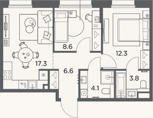 Планировка: 2-к, 52,7 м²