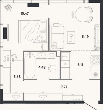 Планировка: 1-к, 42,2 м²