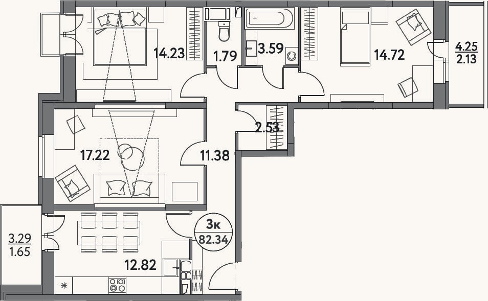 Планировка: 3-к, 78,3 м²