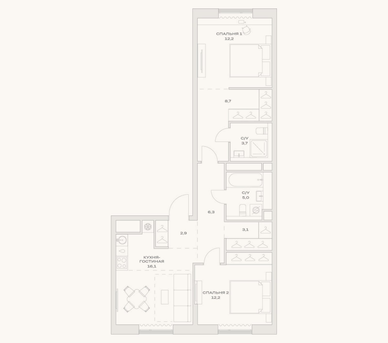Планировка: 3-к, 71,4 м²